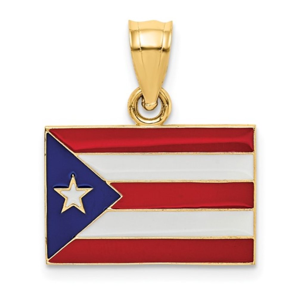 14k Yellow Gold Solid Enameled Puerto Rico Flag Charm Necklace Pendant